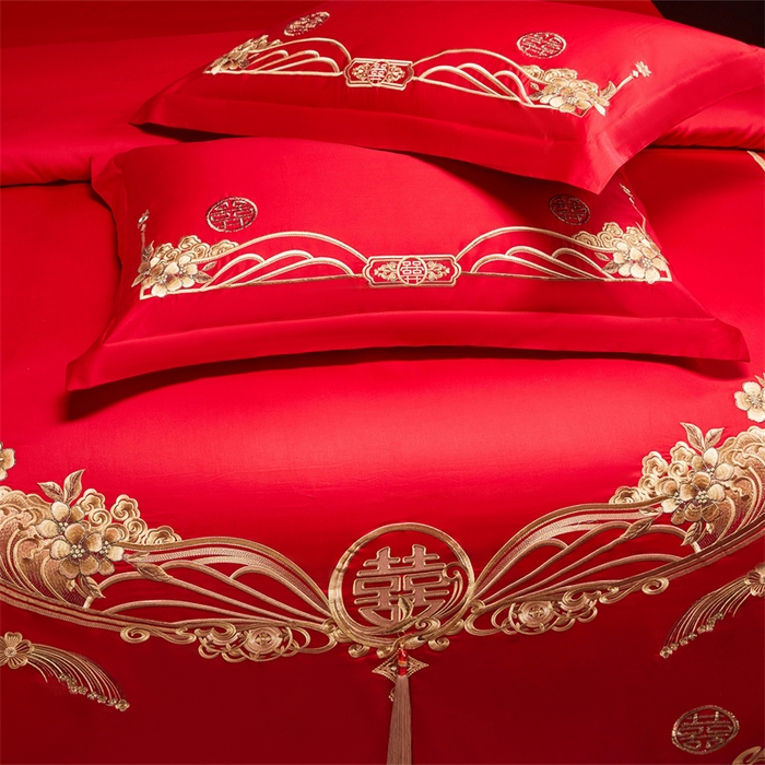 91家纺网 家纺一手货源 找家纺 宏羽纺家纺 2025新款全棉100%全棉新中式婚庆多件套 全棉甜蜜爱人-金