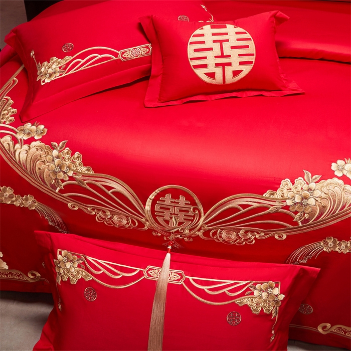 91家纺网 家纺一手货源 找家纺 宏羽纺家纺 2025新款全棉100%全棉新中式婚庆多件套 全棉甜蜜爱人-金