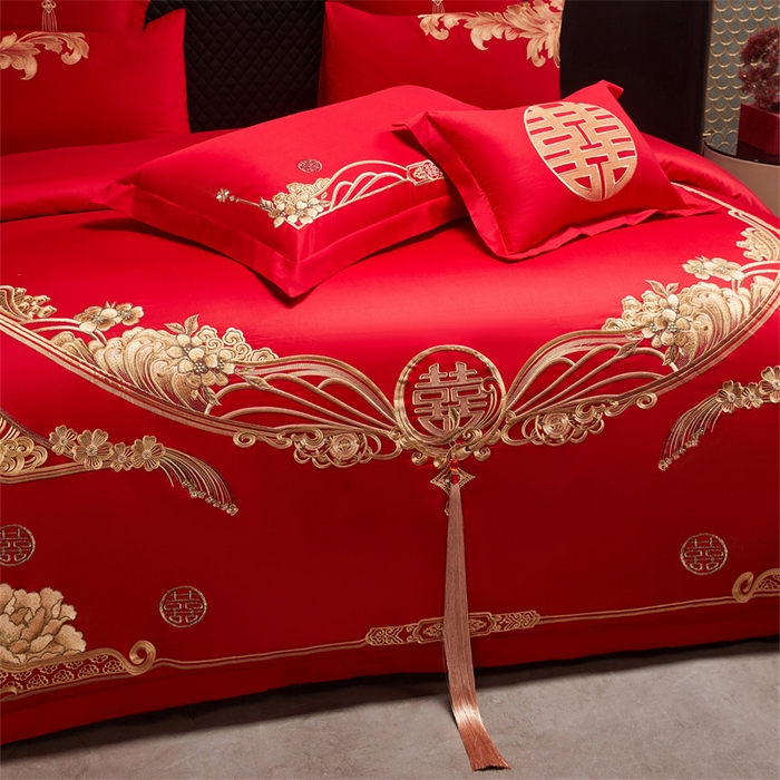 91家纺网 家纺一手货源 找家纺 宏羽纺家纺 2025新款全棉100%全棉新中式婚庆多件套 全棉甜蜜爱人-金