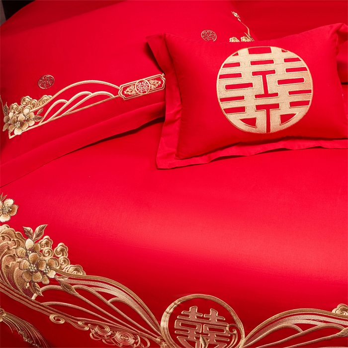 91家纺网 家纺一手货源 找家纺 宏羽纺家纺 2025新款全棉100%全棉新中式婚庆多件套 全棉甜蜜爱人-金