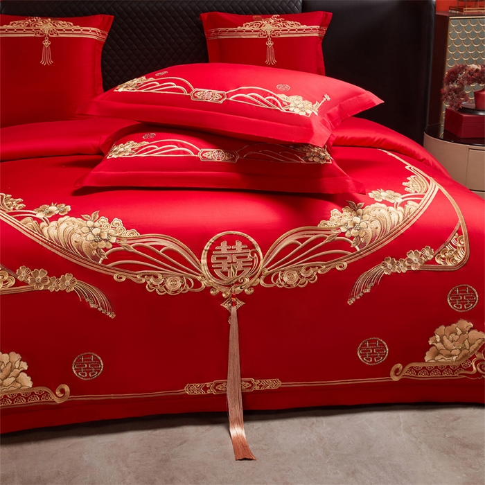 91家纺网 家纺一手货源 找家纺 宏羽纺家纺 2025新款全棉100%全棉新中式婚庆多件套 全棉甜蜜爱人-金