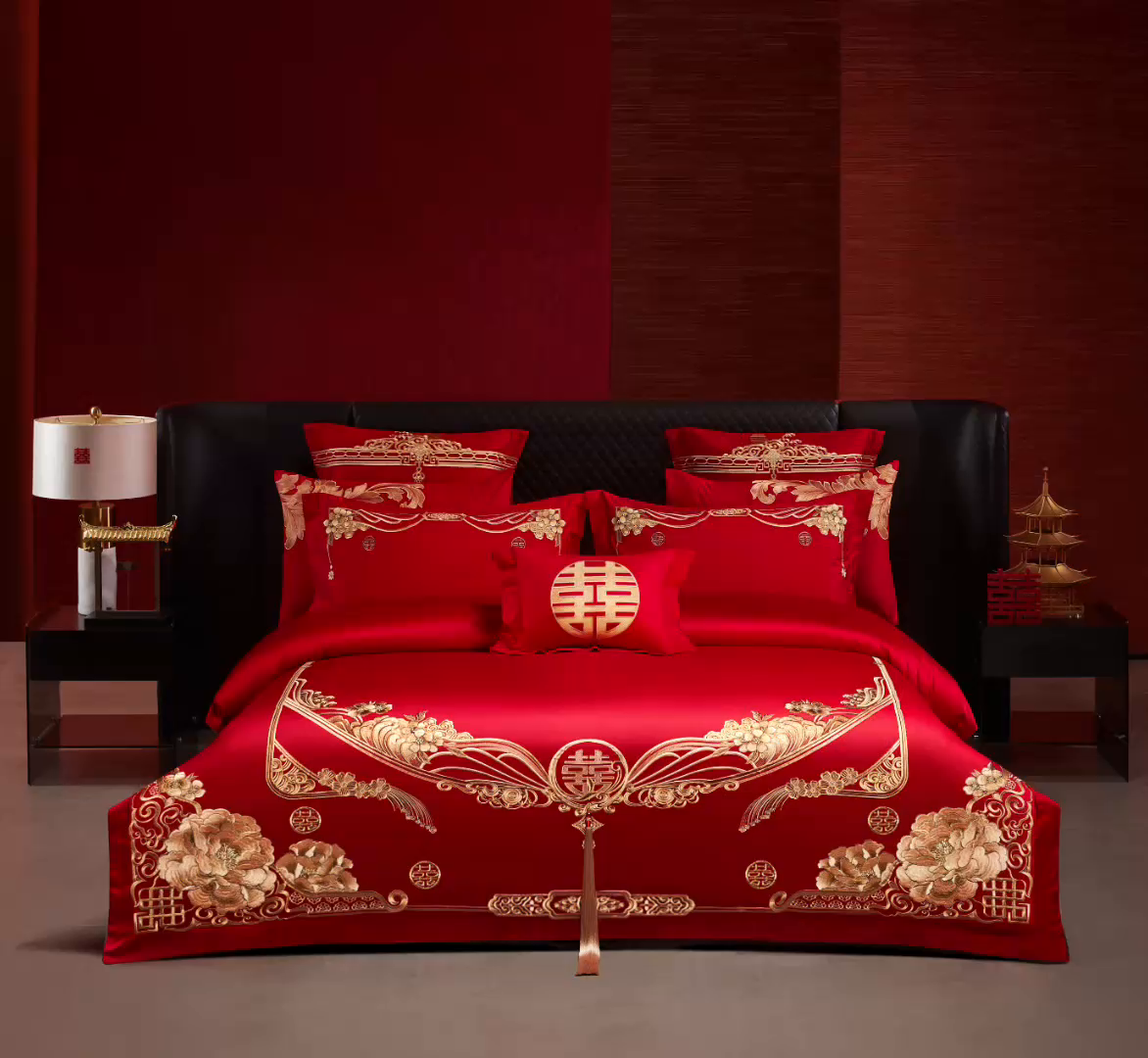 91家纺网 家纺一手货源 找家纺 宏羽纺家纺 2025新款全棉100%全棉新中式婚庆多件套 全棉甜蜜爱人-金