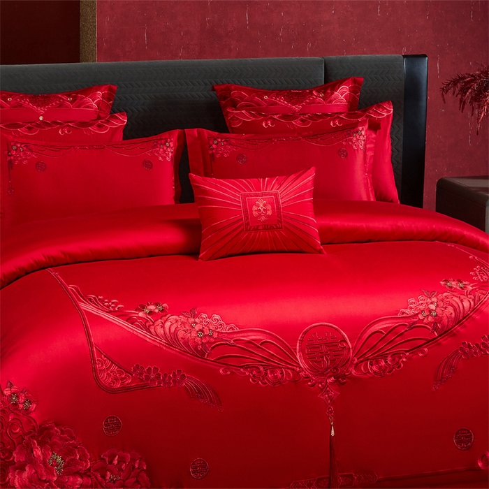 91家纺网 家纺一手货源 找家纺 宏羽纺家纺 2025新款全棉100%全棉新中式婚庆多件套 全棉甜蜜爱人-红