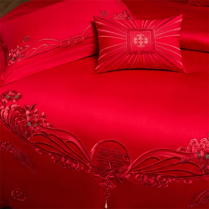 91家纺网 家纺一手货源 找家纺 宏羽纺家纺 2025新款全棉100%全棉新中式婚庆多件套 全棉甜蜜爱人-红