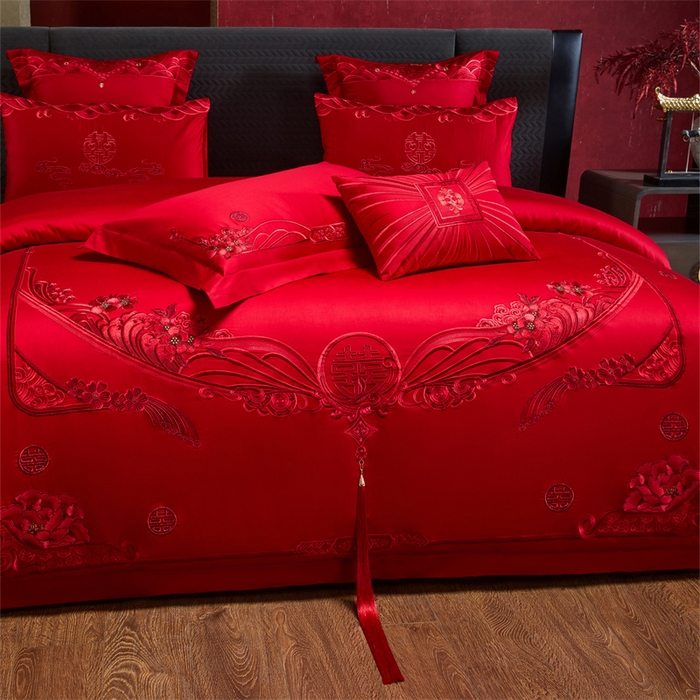 91家纺网 家纺一手货源 找家纺 宏羽纺家纺 2025新款全棉100%全棉新中式婚庆多件套 全棉甜蜜爱人-红