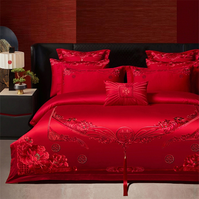 91家纺网 家纺一手货源 找家纺 宏羽纺家纺 2025新款全棉100%全棉新中式婚庆多件套 全棉甜蜜爱人-红