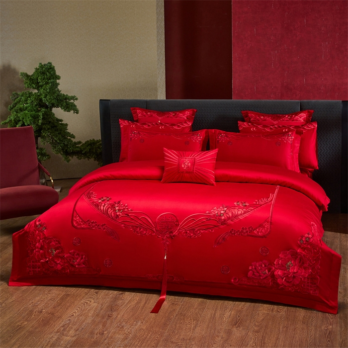 91家纺网 家纺一手货源 找家纺 宏羽纺家纺 2025新款全棉100%全棉新中式婚庆多件套 全棉甜蜜爱人-红