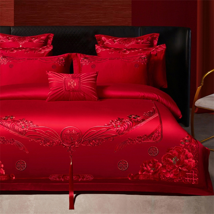 91家纺网 家纺一手货源 找家纺 宏羽纺家纺 2025新款全棉100%全棉新中式婚庆多件套 全棉甜蜜爱人-红