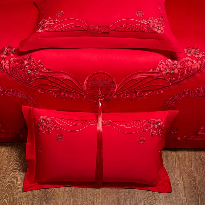 91家纺网 家纺一手货源 找家纺 宏羽纺家纺 2025新款全棉100%全棉新中式婚庆多件套 全棉甜蜜爱人-红