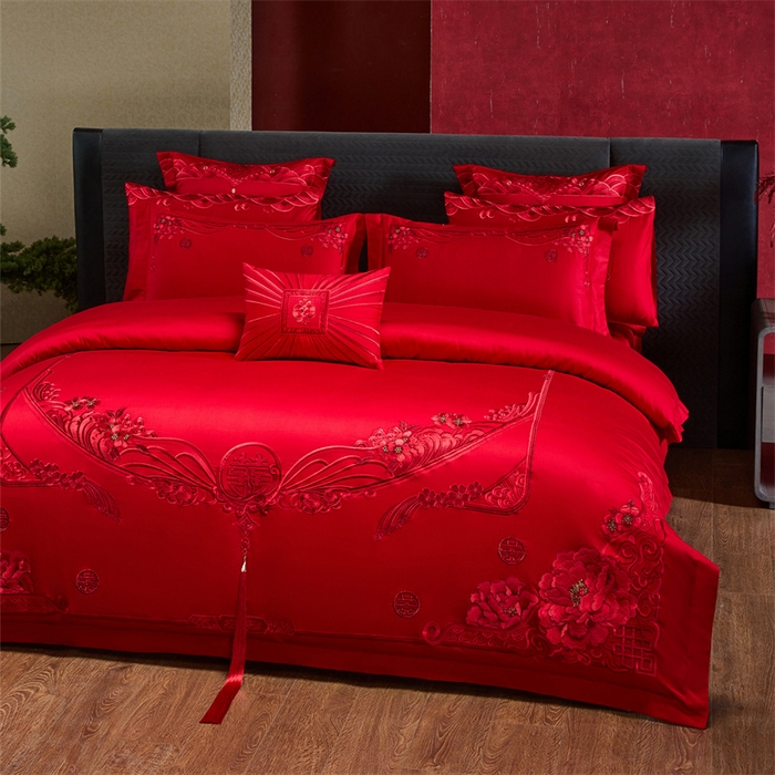 91家纺网 家纺一手货源 找家纺 宏羽纺家纺 2025新款全棉100%全棉新中式婚庆多件套 全棉甜蜜爱人-红