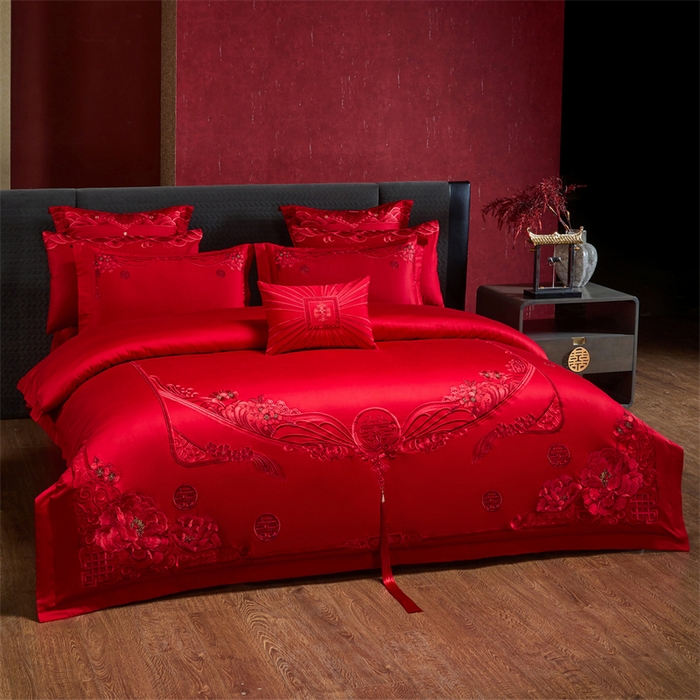 91家纺网 家纺一手货源 找家纺 宏羽纺家纺 2025新款全棉100%全棉新中式婚庆多件套 全棉甜蜜爱人-红