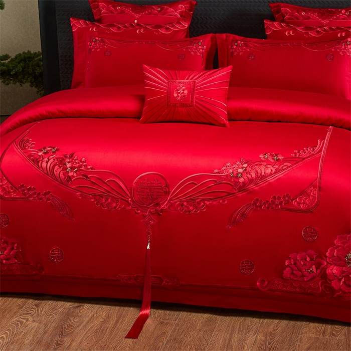 91家纺网 家纺一手货源 找家纺 宏羽纺家纺 2025新款全棉100%全棉新中式婚庆多件套 全棉甜蜜爱人-红