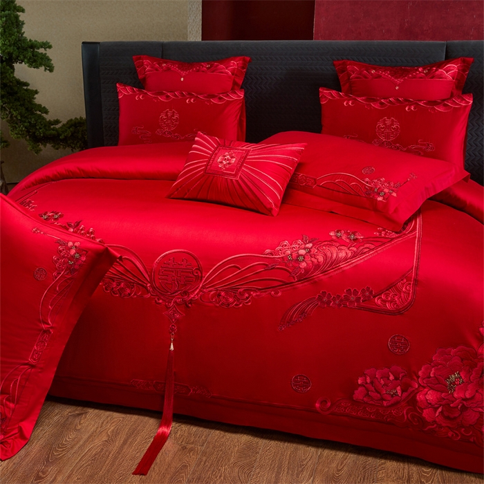 91家纺网 家纺一手货源 找家纺 宏羽纺家纺 2025新款全棉100%全棉新中式婚庆多件套 全棉甜蜜爱人-红