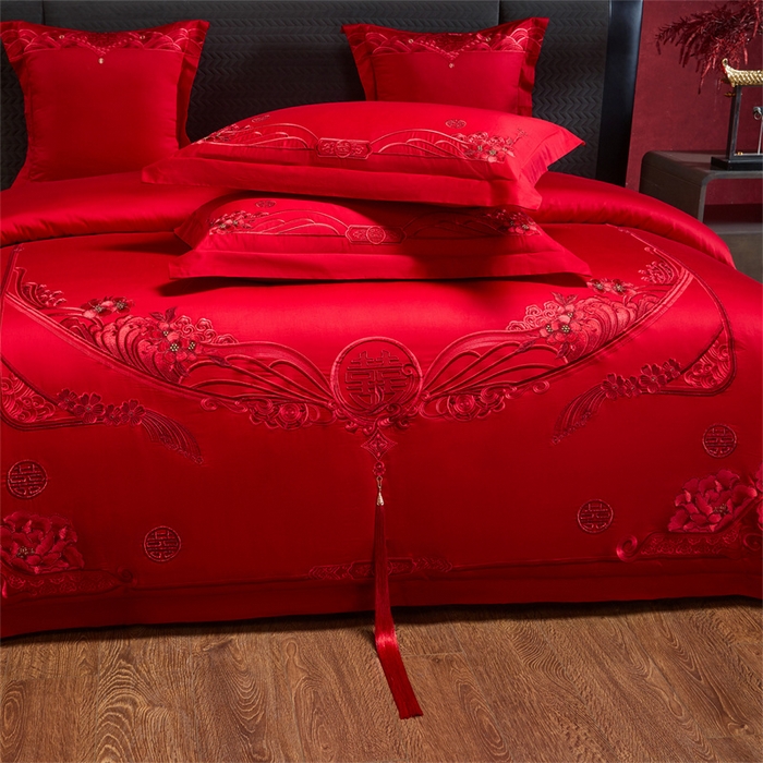 91家纺网 家纺一手货源 找家纺 宏羽纺家纺 2025新款全棉100%全棉新中式婚庆多件套 全棉甜蜜爱人-红