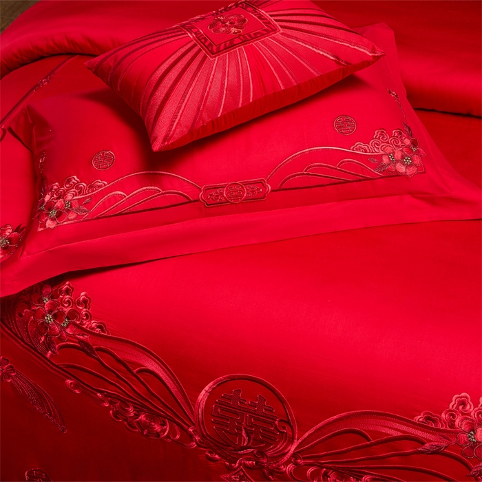 91家纺网 家纺一手货源 找家纺 宏羽纺家纺 2025新款全棉100%全棉新中式婚庆多件套 全棉甜蜜爱人-红