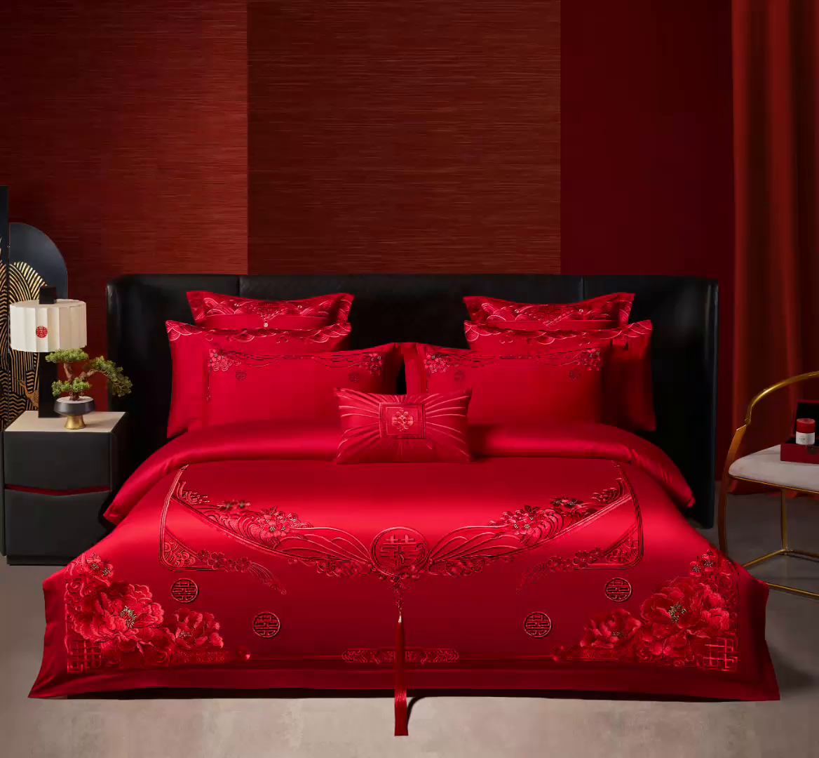 91家纺网 家纺一手货源 找家纺 宏羽纺家纺 2025新款全棉100%全棉新中式婚庆多件套 全棉甜蜜爱人-红