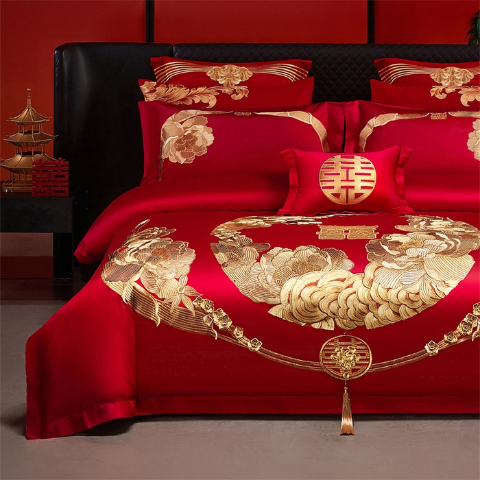 91家纺网 家纺一手货源 找家纺 宏羽纺家纺 2025新款全棉100%全棉新中式婚庆多件套 全棉如花似玉-金