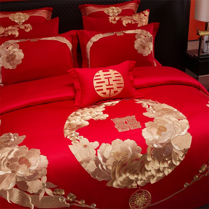 91家纺网 家纺一手货源 找家纺 宏羽纺家纺 2025新款全棉100%全棉新中式婚庆多件套 全棉如花似玉-金