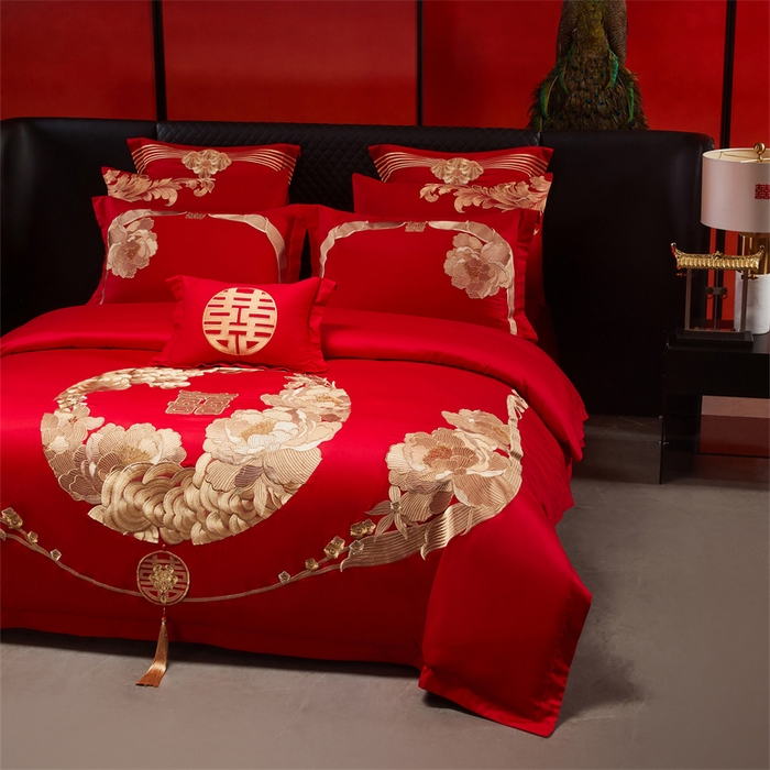 91家纺网 家纺一手货源 找家纺 宏羽纺家纺 2025新款全棉100%全棉新中式婚庆多件套 全棉如花似玉-金