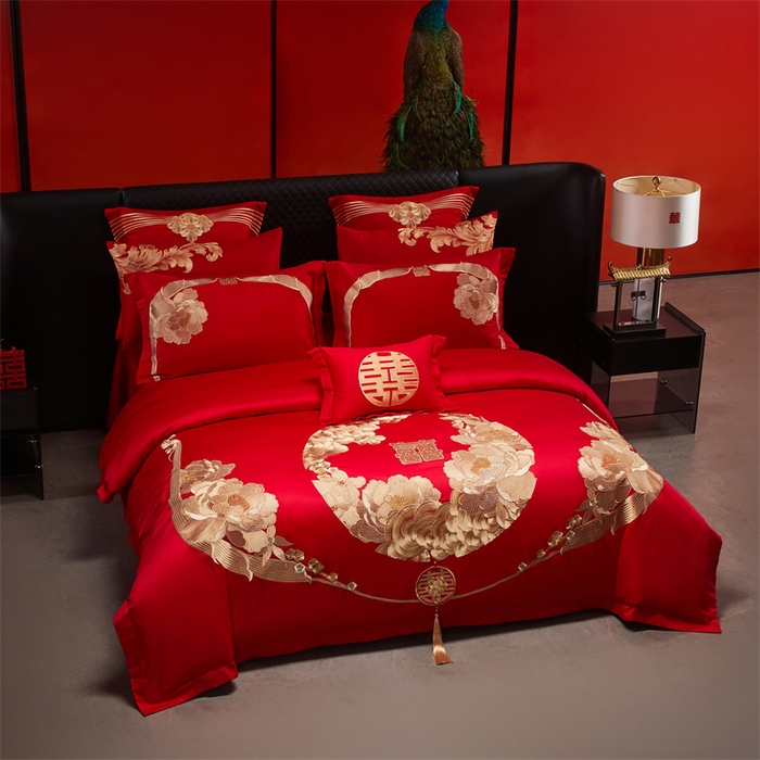 91家纺网 家纺一手货源 找家纺 宏羽纺家纺 2025新款全棉100%全棉新中式婚庆多件套 全棉如花似玉-金