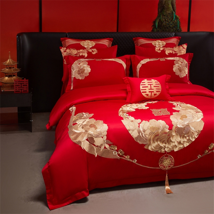 91家纺网 家纺一手货源 找家纺 宏羽纺家纺 2025新款全棉100%全棉新中式婚庆多件套 全棉如花似玉-金