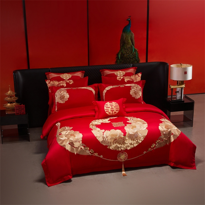 91家纺网 家纺一手货源 找家纺 宏羽纺家纺 2025新款全棉100%全棉新中式婚庆多件套 全棉如花似玉-金