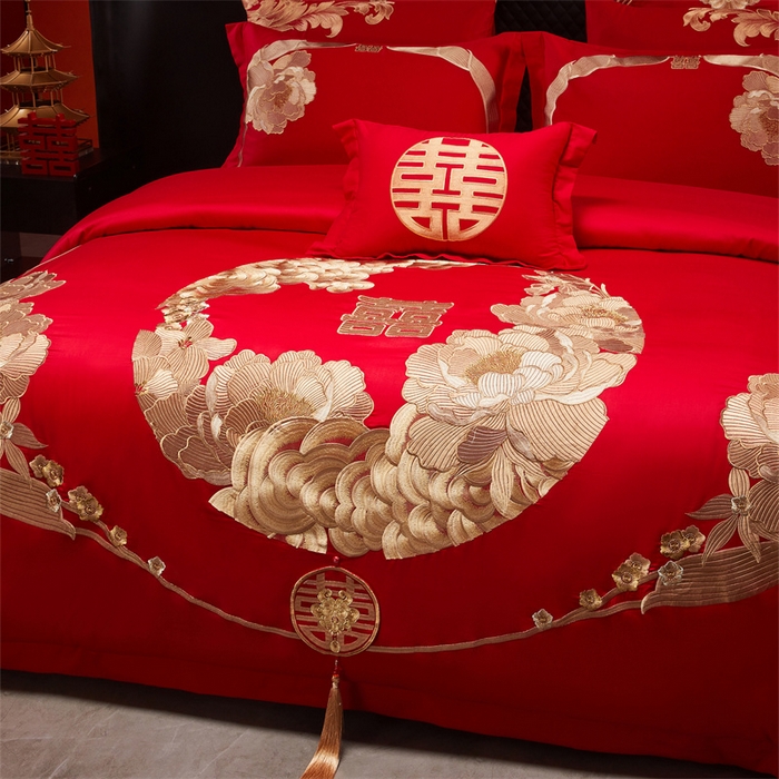 91家纺网 家纺一手货源 找家纺 宏羽纺家纺 2025新款全棉100%全棉新中式婚庆多件套 全棉如花似玉-金