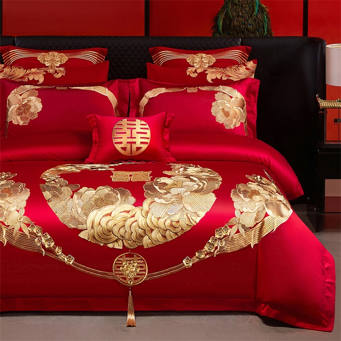 91家纺网 家纺一手货源 找家纺 宏羽纺家纺 2025新款全棉100%全棉新中式婚庆多件套 全棉如花似玉-金