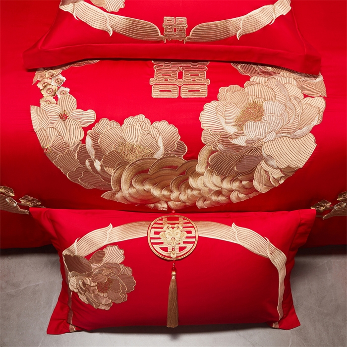 91家纺网 家纺一手货源 找家纺 宏羽纺家纺 2025新款全棉100%全棉新中式婚庆多件套 全棉如花似玉-金