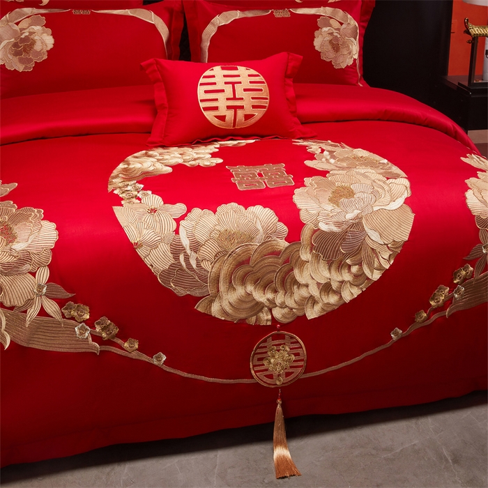 91家纺网 家纺一手货源 找家纺 宏羽纺家纺 2025新款全棉100%全棉新中式婚庆多件套 全棉如花似玉-金