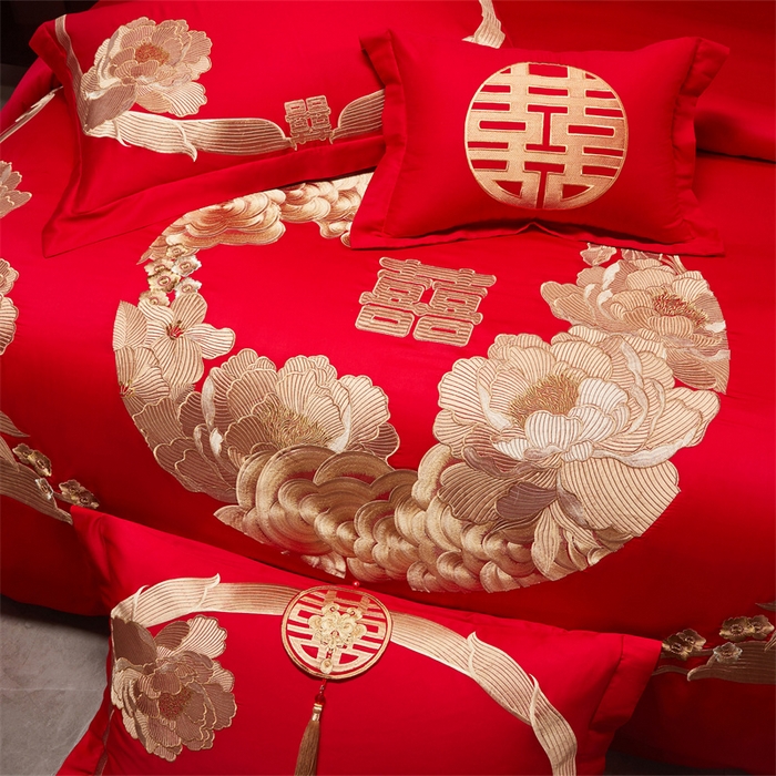 91家纺网 家纺一手货源 找家纺 宏羽纺家纺 2025新款全棉100%全棉新中式婚庆多件套 全棉如花似玉-金