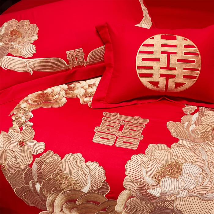 91家纺网 家纺一手货源 找家纺 宏羽纺家纺 2025新款全棉100%全棉新中式婚庆多件套 全棉如花似玉-金