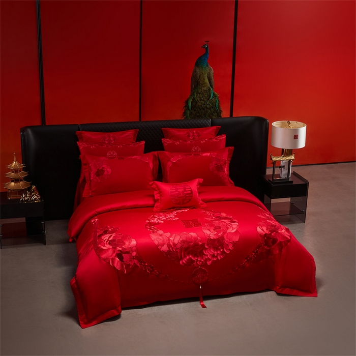 91家纺网 家纺一手货源 找家纺 宏羽纺家纺 2025新款全棉100%全棉新中式婚庆多件套 全棉如花似玉-红