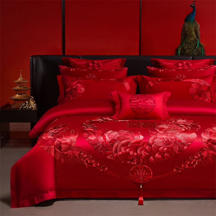 91家纺网 家纺一手货源 找家纺 宏羽纺家纺 2025新款全棉100%全棉新中式婚庆多件套 全棉如花似玉-红