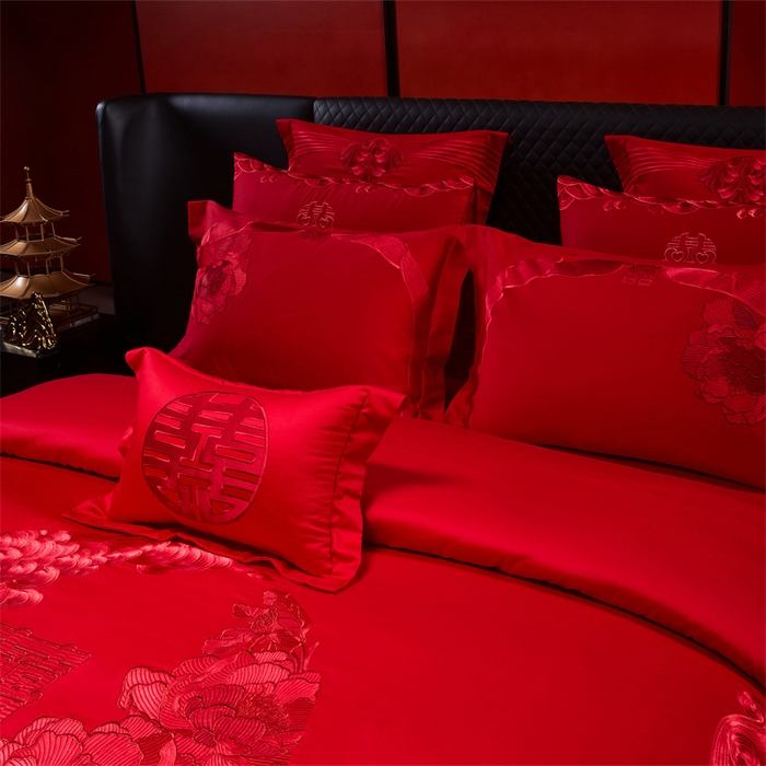 91家纺网 家纺一手货源 找家纺 宏羽纺家纺 2025新款全棉100%全棉新中式婚庆多件套 全棉如花似玉-红