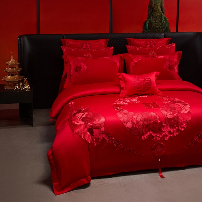 91家纺网 家纺一手货源 找家纺 宏羽纺家纺 2025新款全棉100%全棉新中式婚庆多件套 全棉如花似玉-红