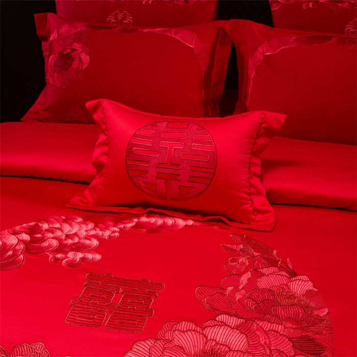 91家纺网 家纺一手货源 找家纺 宏羽纺家纺 2025新款全棉100%全棉新中式婚庆多件套 全棉如花似玉-红