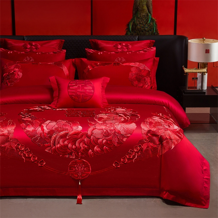 91家纺网 家纺一手货源 找家纺 宏羽纺家纺 2025新款全棉100%全棉新中式婚庆多件套 全棉如花似玉-红