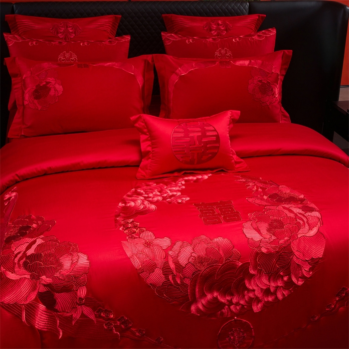 91家纺网 家纺一手货源 找家纺 宏羽纺家纺 2025新款全棉100%全棉新中式婚庆多件套 全棉如花似玉-红