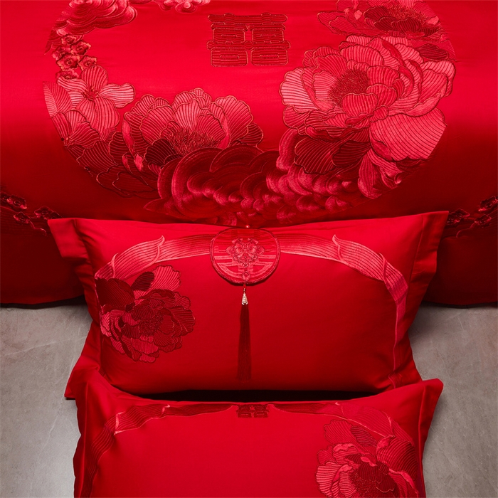 91家纺网 家纺一手货源 找家纺 宏羽纺家纺 2025新款全棉100%全棉新中式婚庆多件套 全棉如花似玉-红