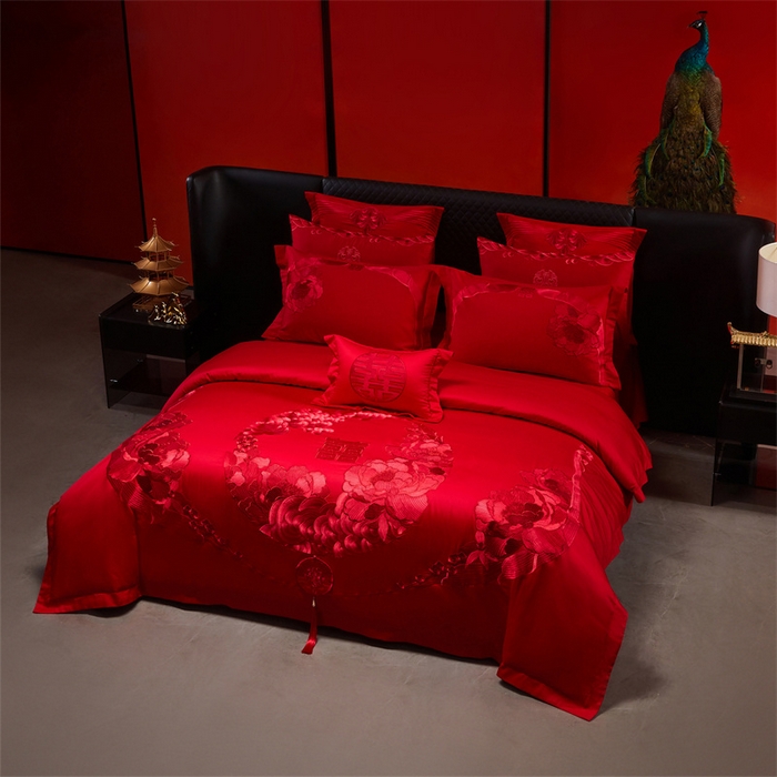 91家纺网 家纺一手货源 找家纺 宏羽纺家纺 2025新款全棉100%全棉新中式婚庆多件套 全棉如花似玉-红