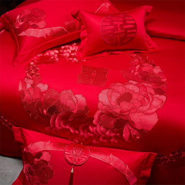 91家纺网 家纺一手货源 找家纺 宏羽纺家纺 2025新款全棉100%全棉新中式婚庆多件套 全棉如花似玉-红