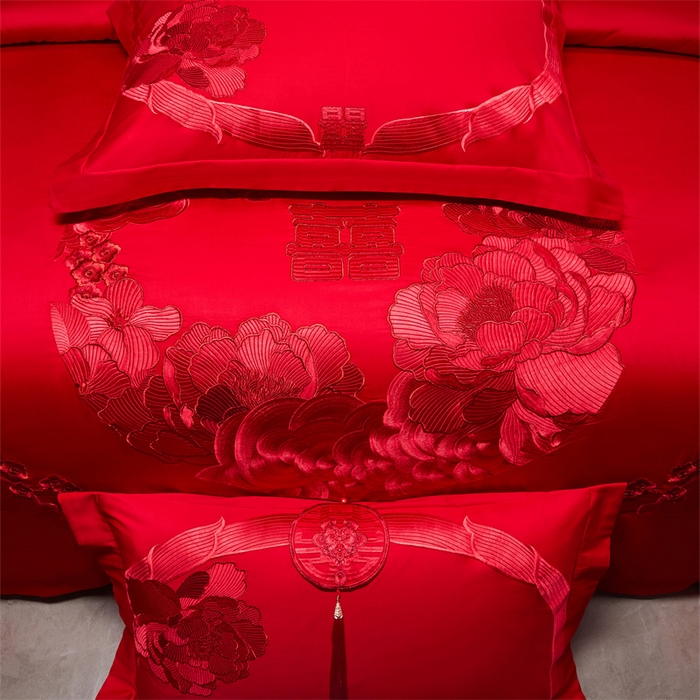 91家纺网 家纺一手货源 找家纺 宏羽纺家纺 2025新款全棉100%全棉新中式婚庆多件套 全棉如花似玉-红