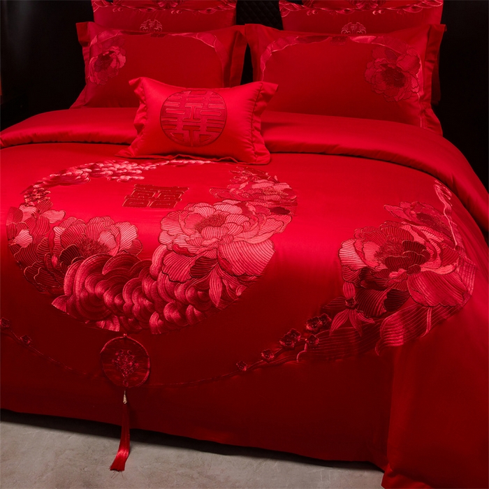 91家纺网 家纺一手货源 找家纺 宏羽纺家纺 2025新款全棉100%全棉新中式婚庆多件套 全棉如花似玉-红