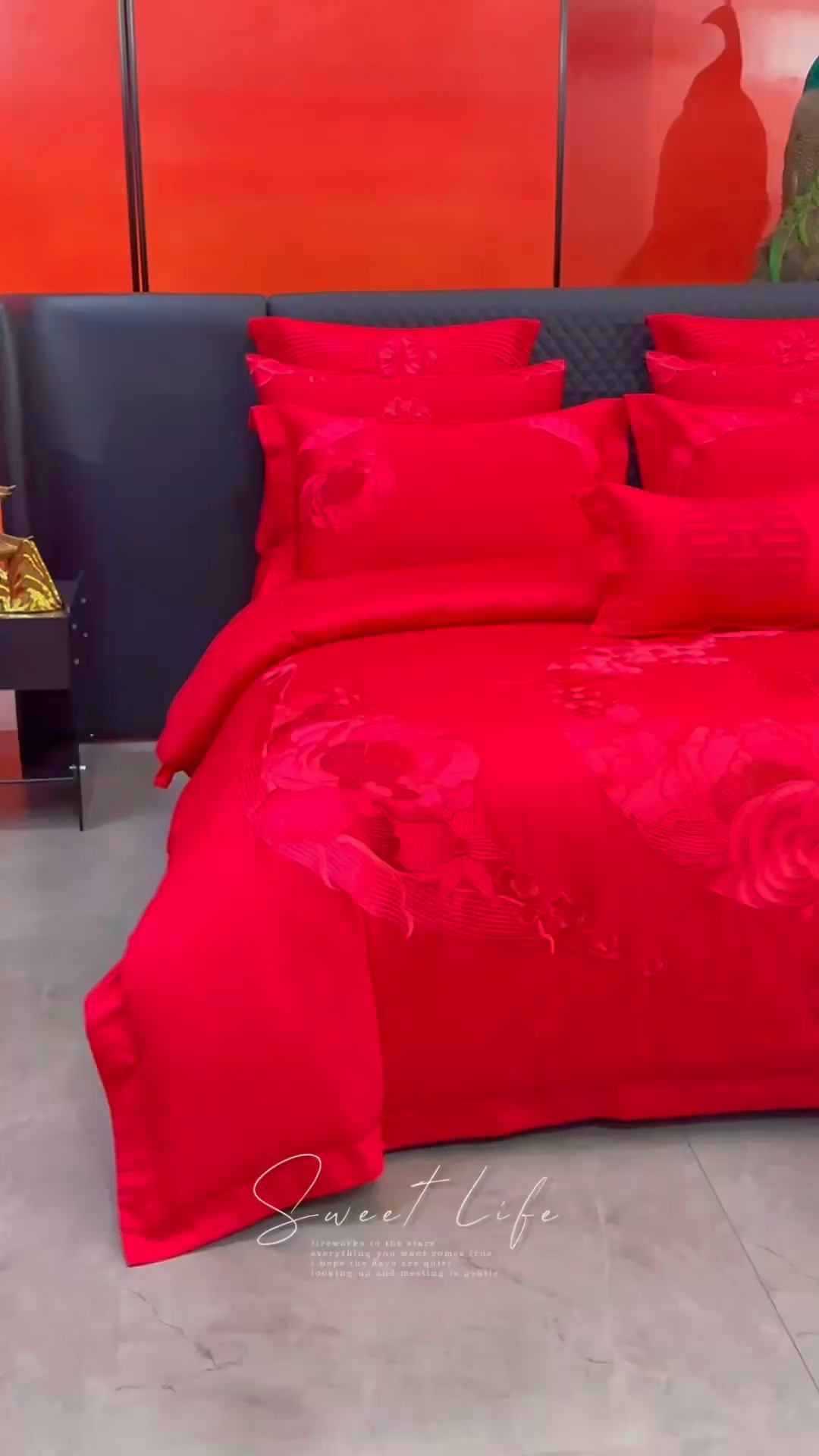 91家纺网 家纺一手货源 找家纺 宏羽纺家纺 2025新款全棉100%全棉新中式婚庆多件套 全棉如花似玉-红