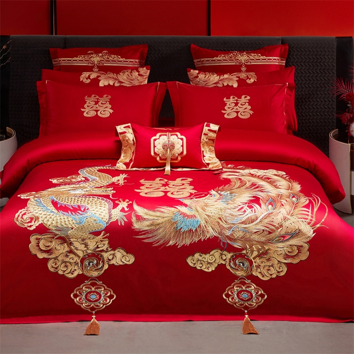 91家纺网 家纺一手货源 找家纺 宏羽纺家纺 2025新款全棉100%全棉新中式婚庆多件套 全棉盘龙戏凤