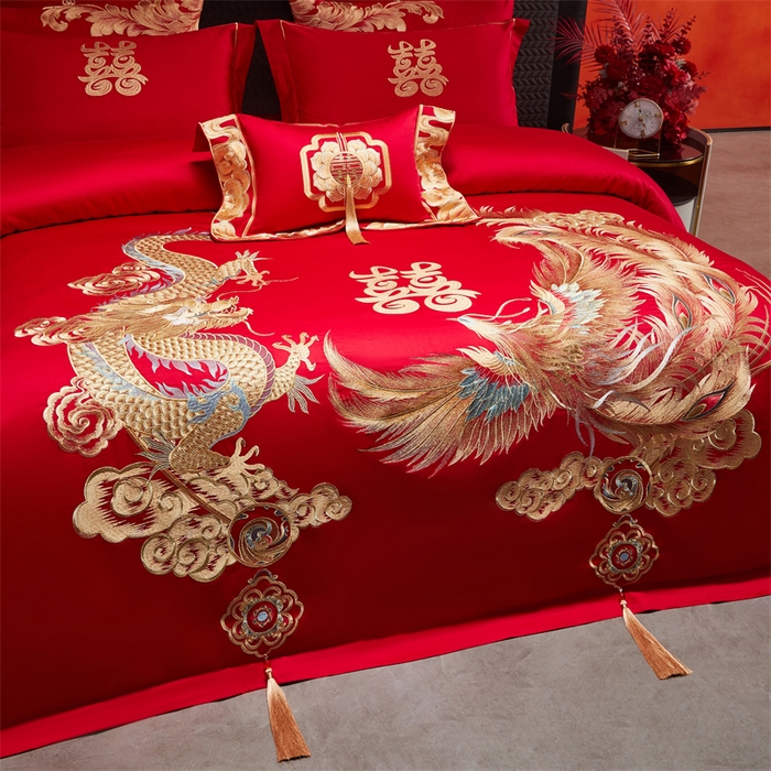 91家纺网 家纺一手货源 找家纺 宏羽纺家纺 2025新款全棉100%全棉新中式婚庆多件套 全棉盘龙戏凤