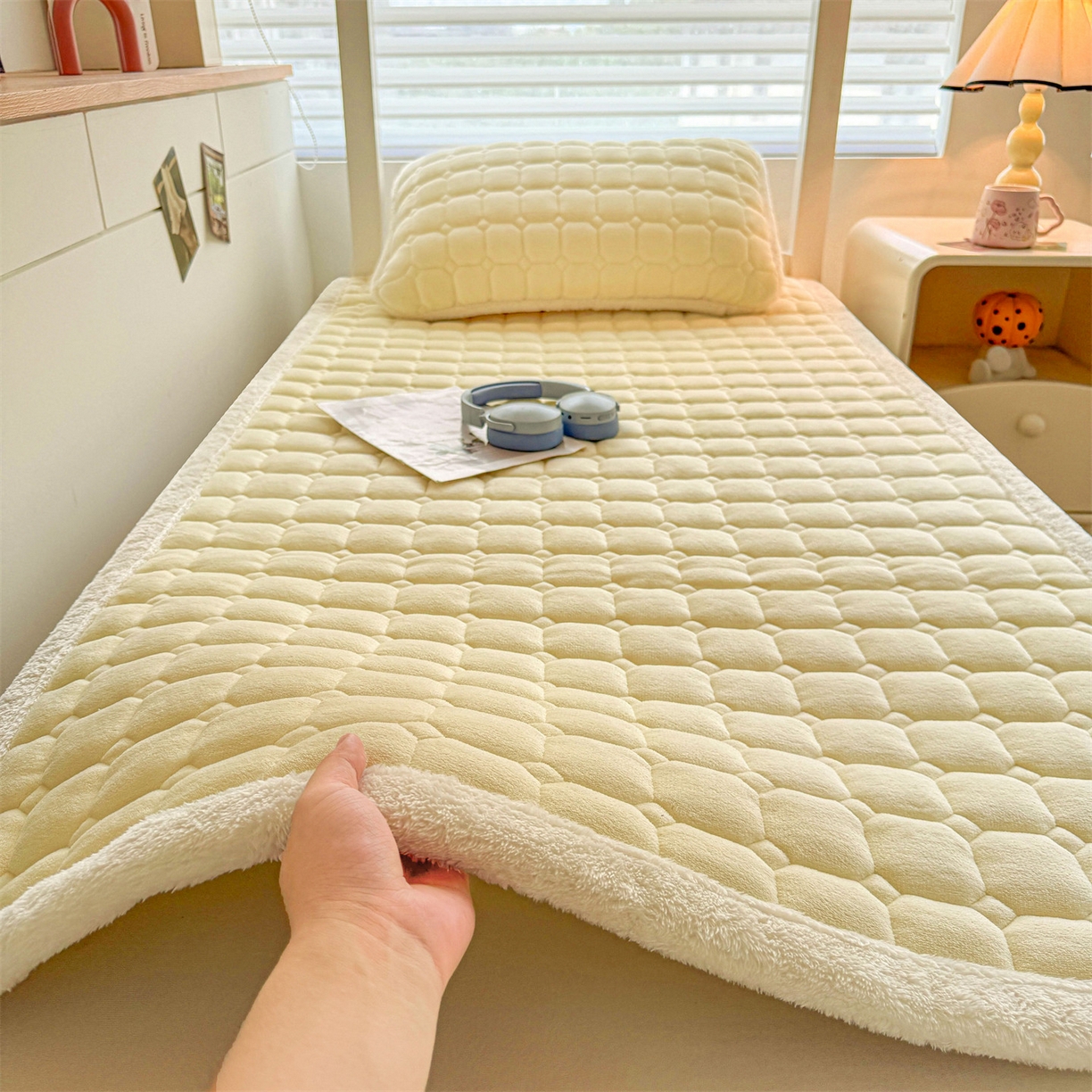 91家纺网 家纺一手货源 找家纺 雯豆家纺 雯豆2025冬季新品牛奶绒床垫床护垫学生上下铺床褥子纯色绒垫子牛奶绒床褥-点黄