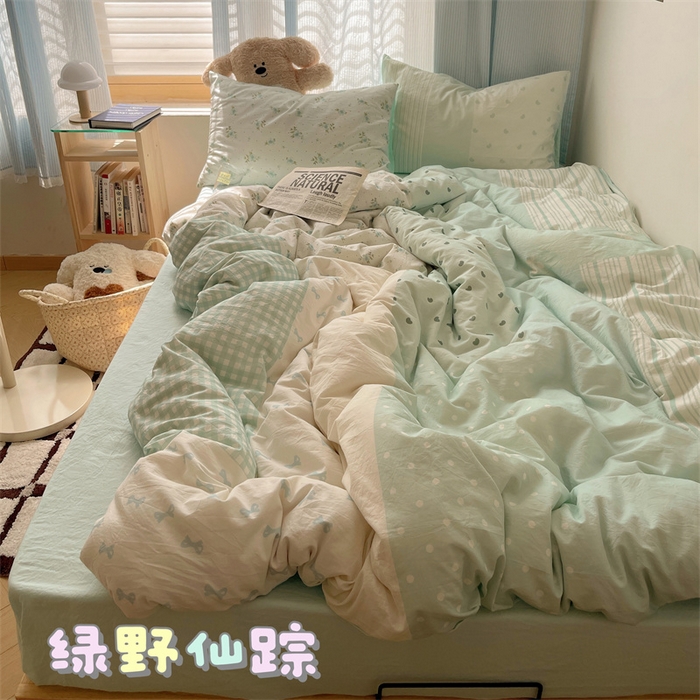 91家纺网 家纺一手货源 找家纺 轻奢坊 2025新款原创少女心拼布风数码印花水洗棉四件套 绿野仙踪