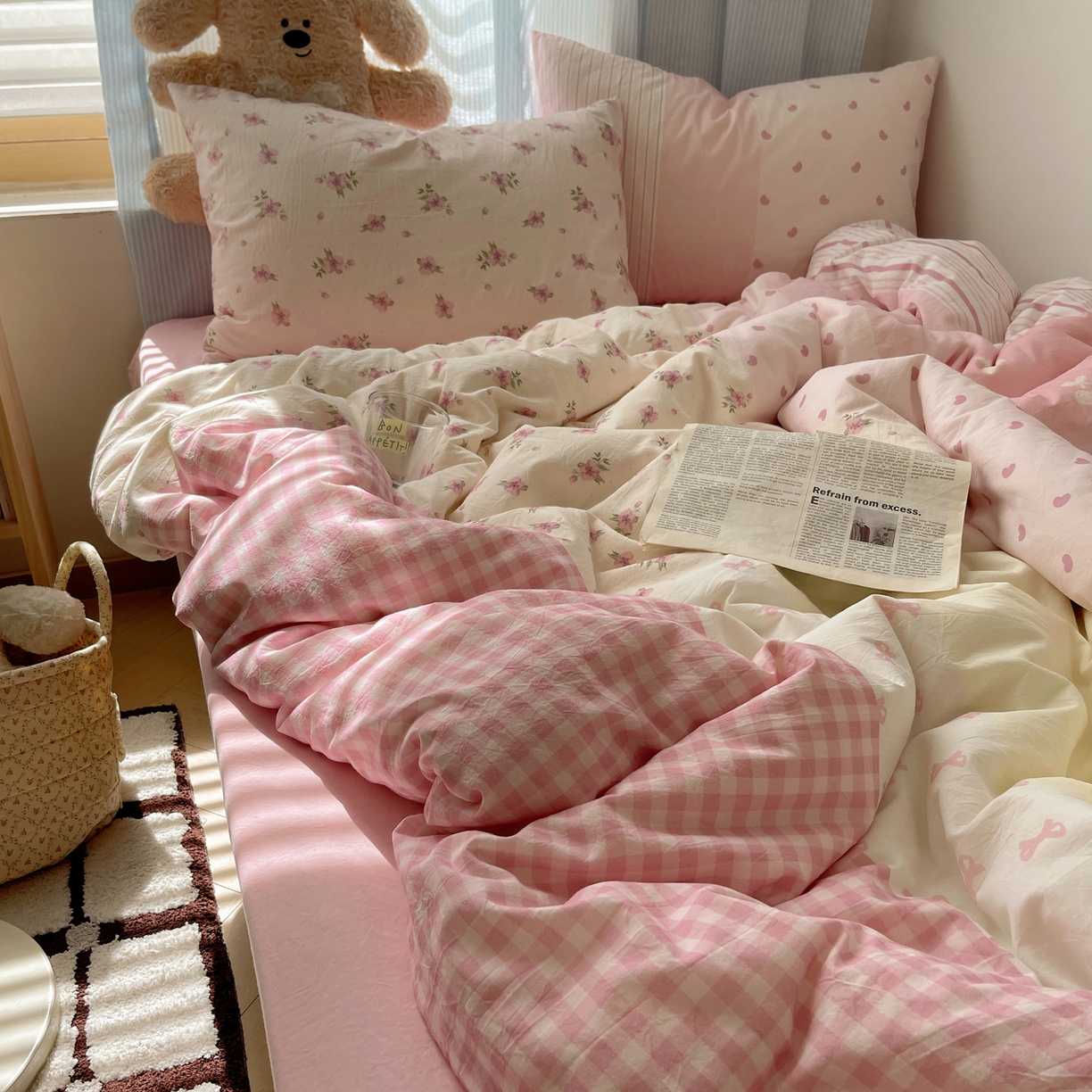 91家纺网 家纺一手货源 找家纺 （总）轻奢坊 2025新款原创少女心拼布风数码印花水洗棉四件套